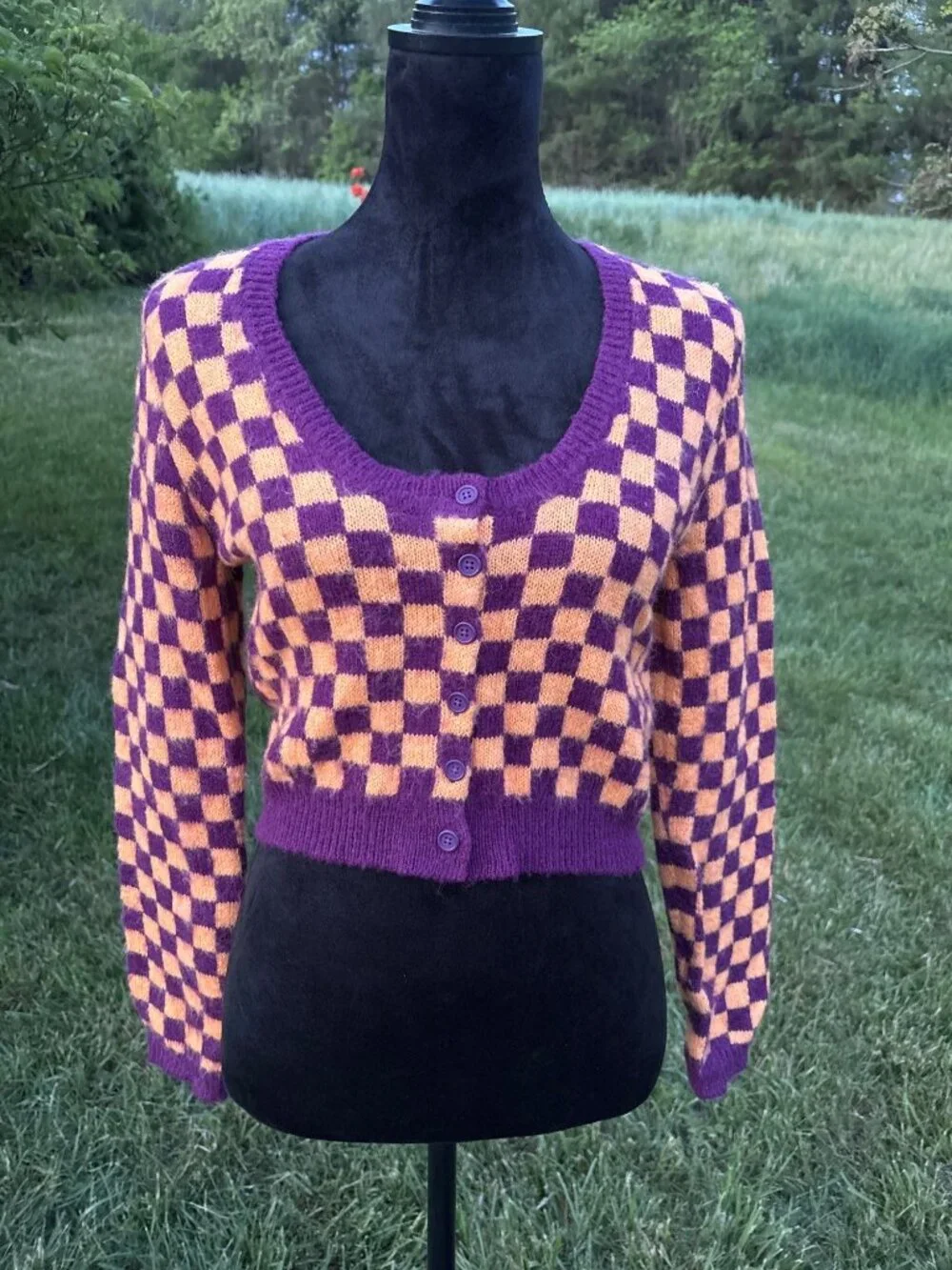 Zara Cropped Cardigan Sz Med Button up Check Wool Blend Knit Retro Vibes Preppy